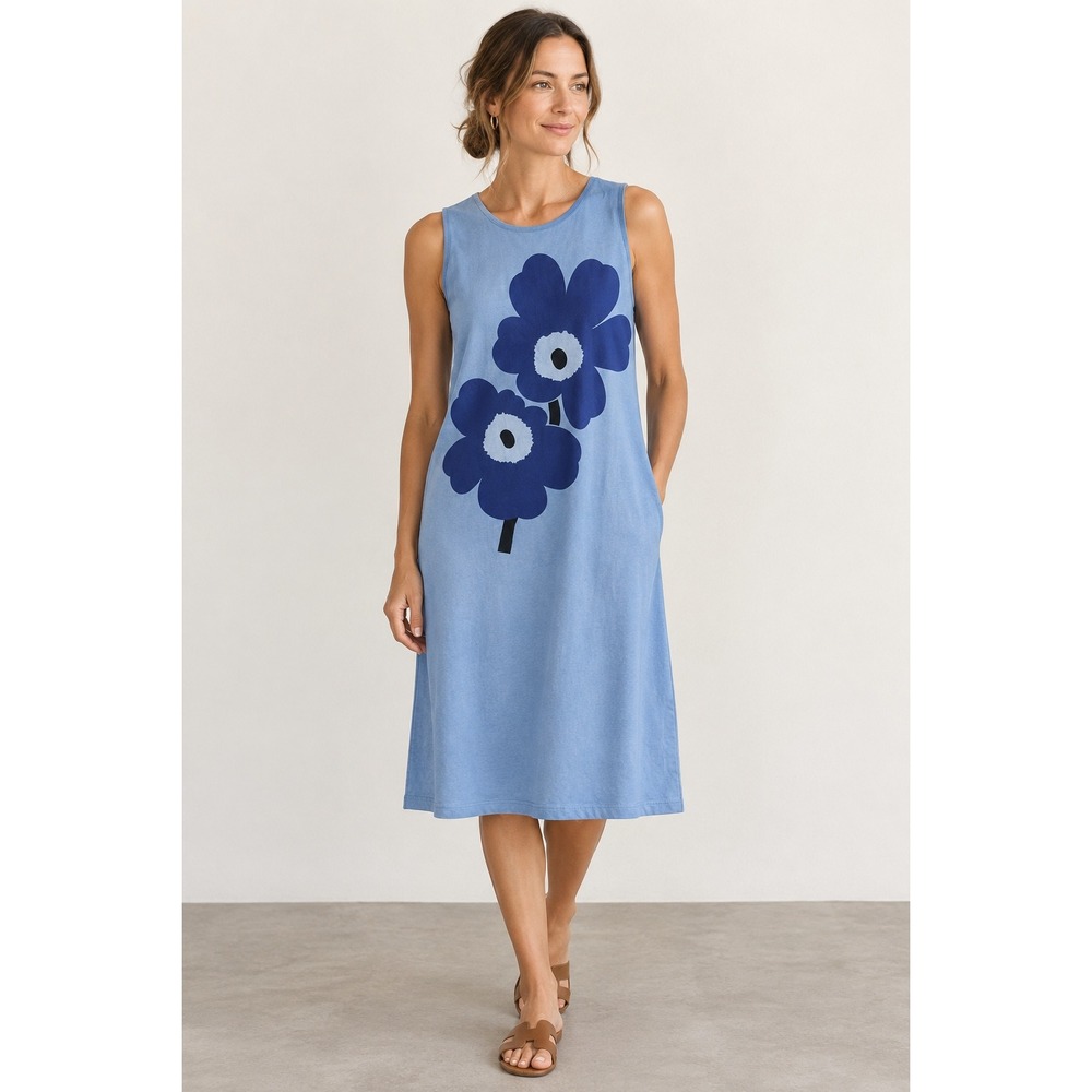 RARE Marimekko | Midi Dress Small Blue Unikko Poppy Print Cotton Sleeveless